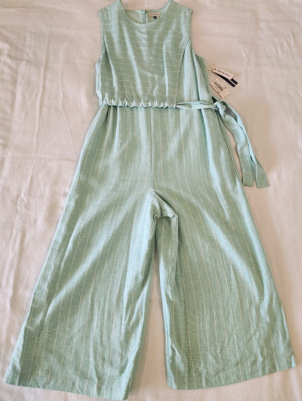 NWT COURT & ROWE Pinstripe Linen-Blend Jumpsuit Mint Green Size 10